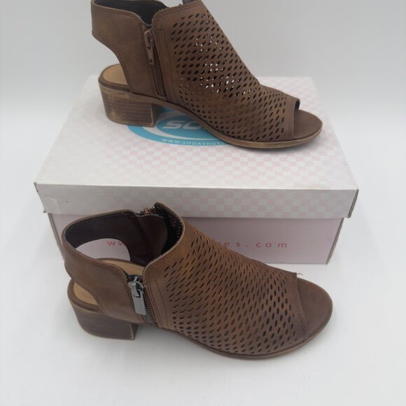 Soda Open Peep Toe Sling Bootie Women's 5 1/2 Brown Side Zip Casual Office Wear - Picture 1 of 9